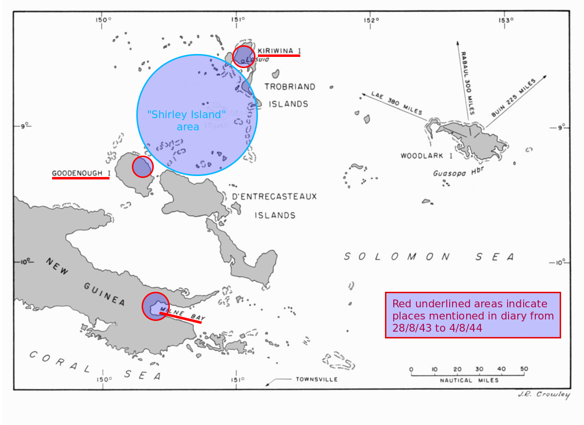 Locations in which Clem served between 28/8/43 and 4/8/44. Also shows the general vicinity of "Shirley Island".