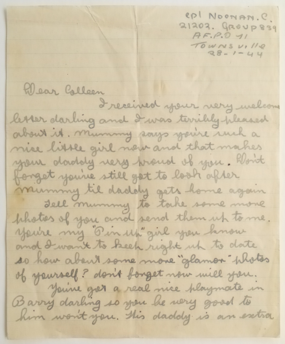 Second letter known to have been written from Clem to his daughter Colleen during WW2. Page 1 of 2